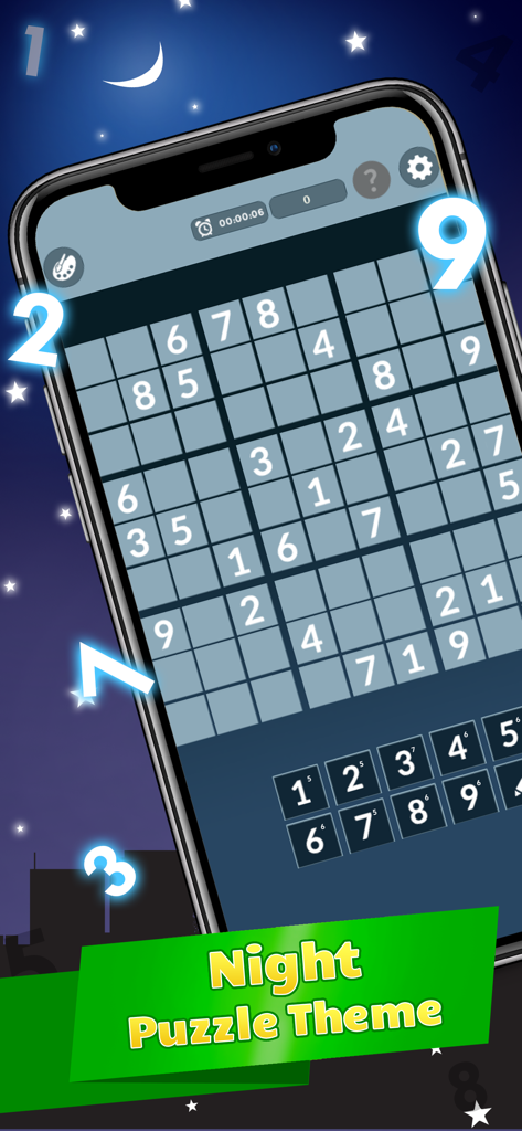 Sudoku IQ - Train your Brain - A smartphone displaying a Sudoku puzzle with the dark night mode theme active