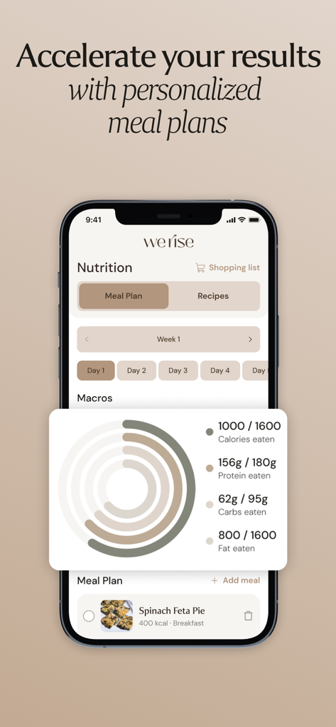 Pantalla de la aplicación WeRise que muestra planes de comidas personalizados y un panel de seguimiento de macros