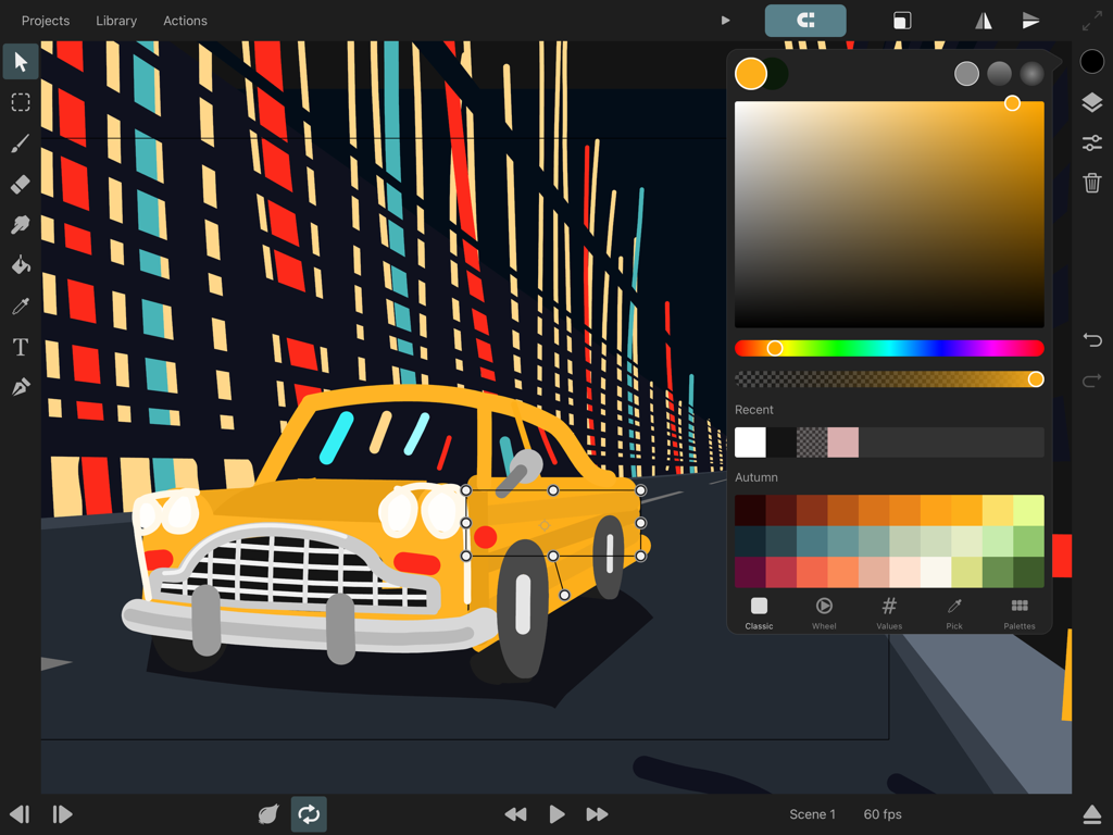 ToonSquid - ToonSquid app interface showing a 2D animation of a yellow car with a color picker open on an iPad