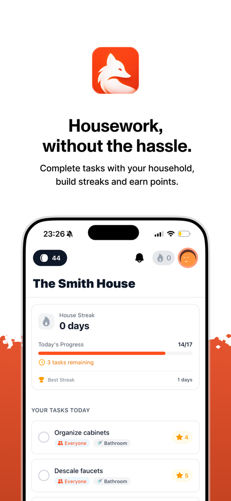 Howe cleaning schedule app interface displaying daily chores and house streak progress