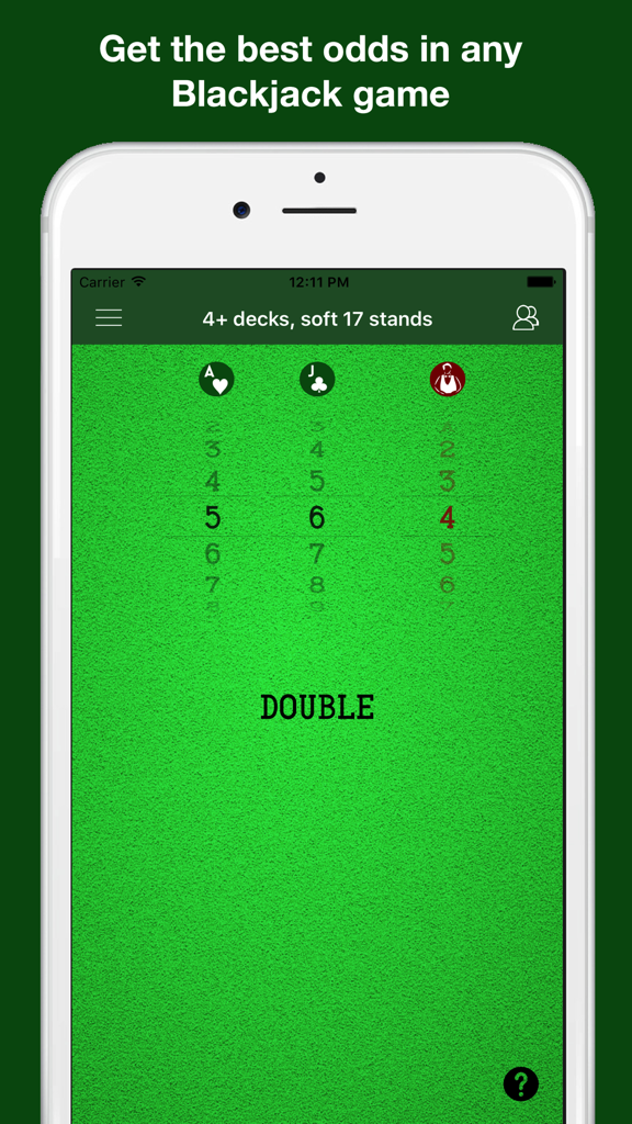 ゲームルールと推奨されるダブルの動きを表示するブラックジャック戦略アシスタントアプリの画面