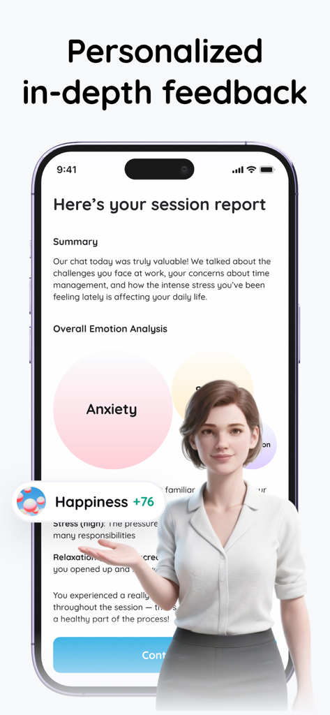 AI Mental Assistant: mindlee - Mindlee app showing a personalized mental health session report with AI companion Aura and emotion analysis