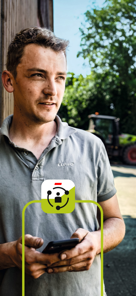CLAAS connect - Ein Landwirt nutzt die CLAAS connect mobile App auf einem Smartphone vor einem Traktor.