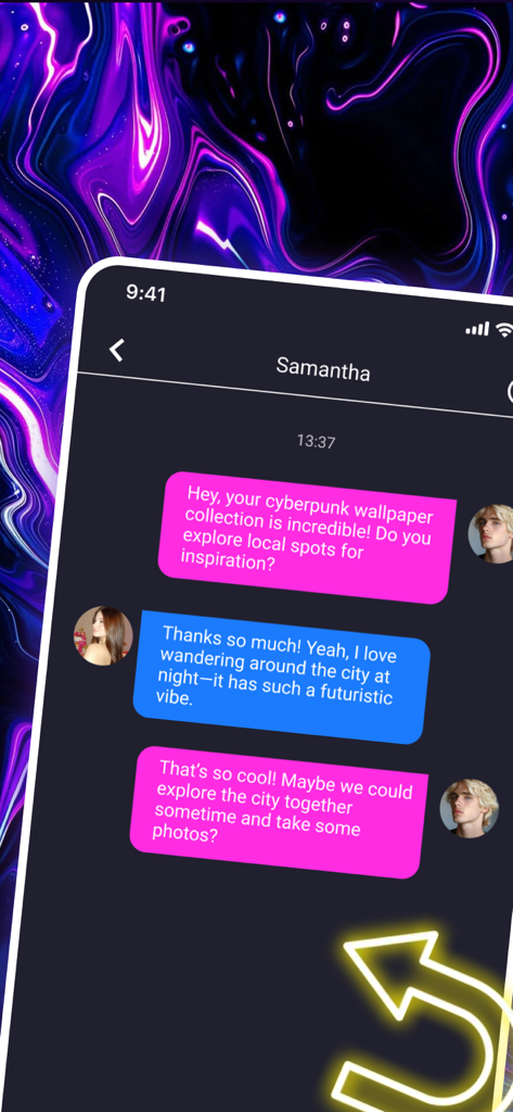 Hilo - Connect, Share, Enjoy - In-app chat between users discussing cyberpunk aesthetics and neon urban vibes