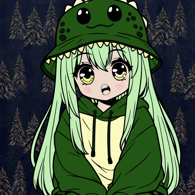 girl with anime shaped eyes with a dinosaur bucket hat oversized sweatshirt long straight hair