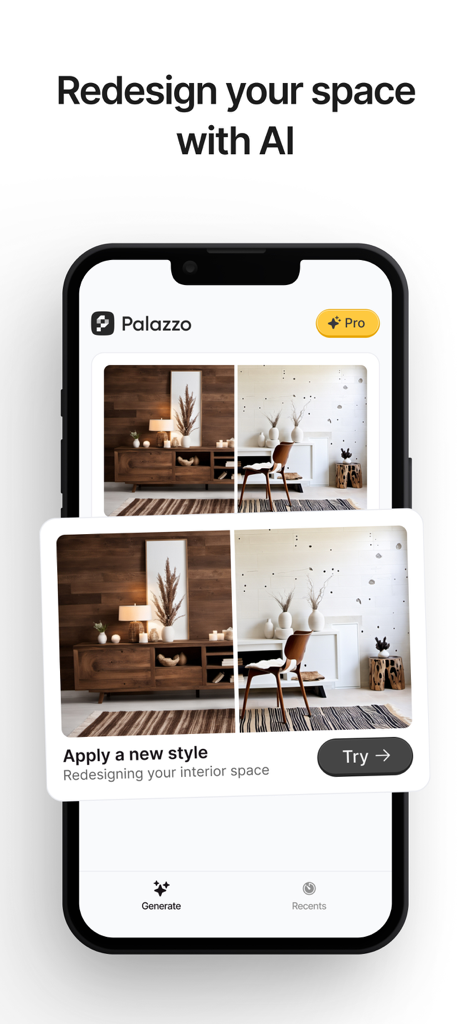 Captura de pantalla de la aplicación Palazzo que muestra una función de rediseño de interiores impulsada por IA en la pantalla de un smartphone.