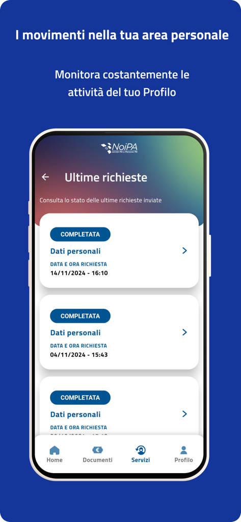 Smartphone showing the NoiPA app screen with a list of completed personal data requests