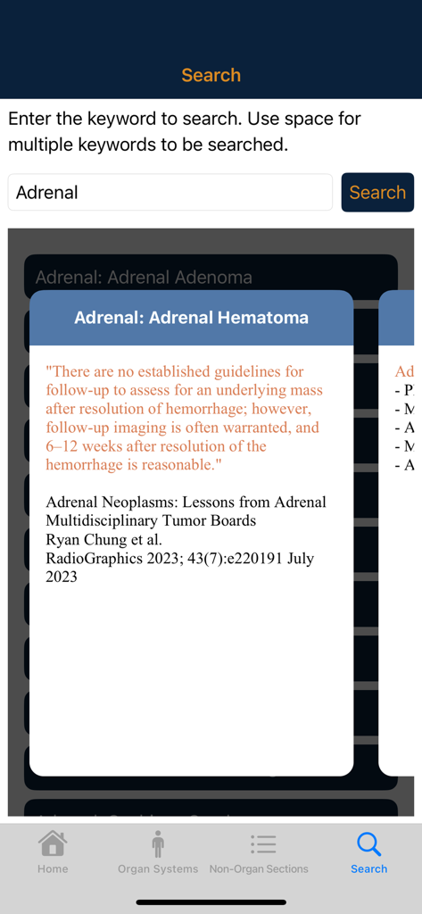 CTisus iPearls - A screenshot of the CTisus iPearls app showing search results for adrenal hematoma with clinical insights and literature citations.