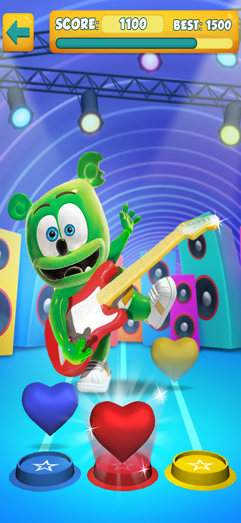 My Talking Gummy Bear - Osito Gominola tocando una guitarra roja en un minijuego de ritmo musical