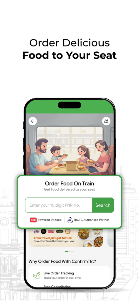 ConfirmTkt: Train Booking App - ConfirmTkt mobile app screen showing the feature to order delicious food directly to your train seat using a PNR number