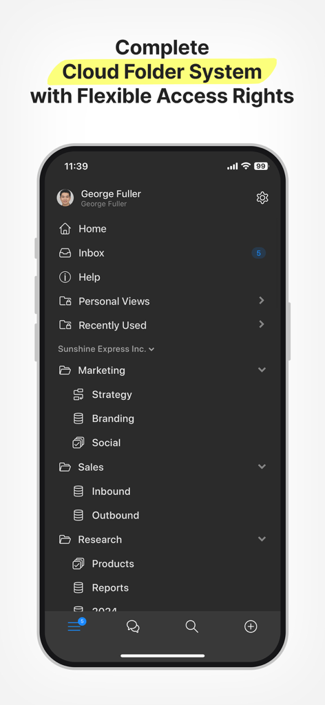 Captura de tela do aplicativo móvel Zenkit destacando seu sistema de pastas na nuvem e organização de hierarquia de projetos.