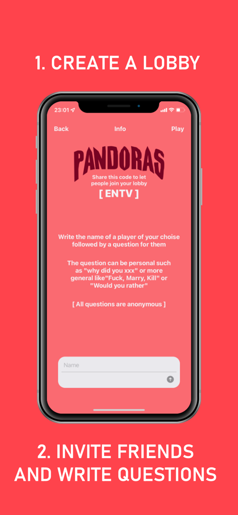 Écran de smartphone affichant la création d'un salon Pandoras et les instructions pour les questions anonymes.