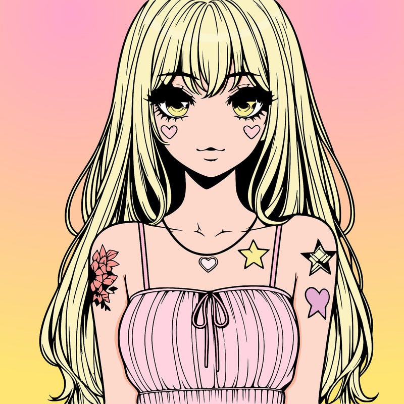 realistic anime girl with long hair star heart tattoos with a simple fabric dress with full lips