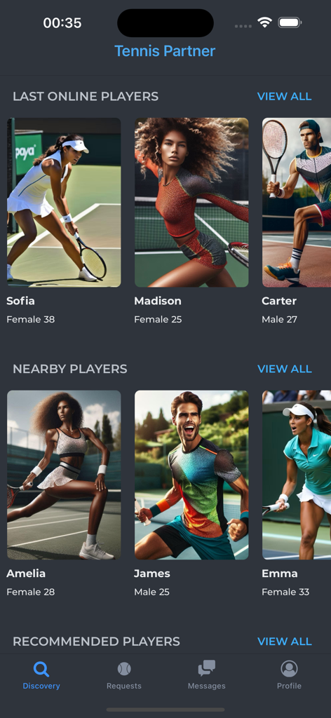Tennis Partner - Tennis Partner app discovery screen displaying profiles of local players with photos, names, and ages.