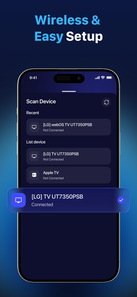 Flujo: Screen Control - Flujo app interface showing wireless device scanning and a successfully connected LG smart TV