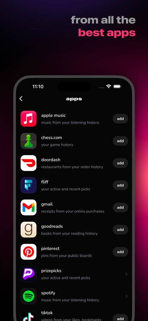 Eine Liste beliebter Apps, darunter Spotify und TikTok, die Benutzer mit LORE verbinden können.