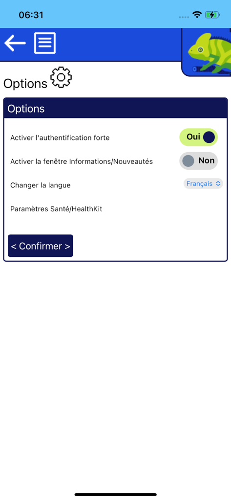 Mon Glucko - Diabète - Menu de configurações do aplicativo de diabetes Mon Glucko para opções de saúde e segurança