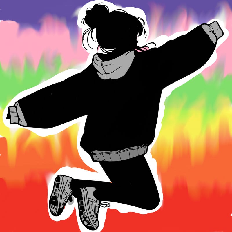 realistic girl jumping with a bun and oversized sweatshirt