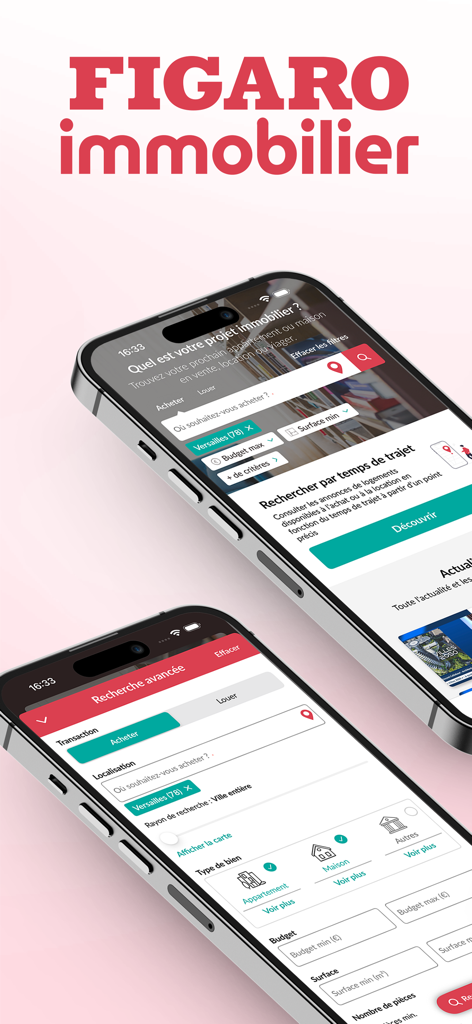 Figaro Immo - The Figaro Immo app interface on two smartphones showing French real estate search options and filters