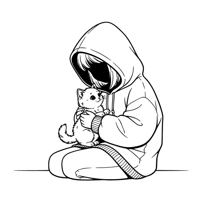 a girl with a hoodie on looking down at a kitten