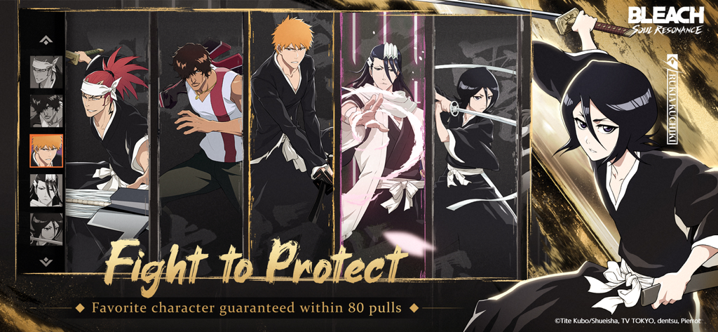 Promotional artwork for BLEACH Soul Resonance showing a roster of iconic characters including Ichigo and Rukia with a text about an 80-pull guarantee.