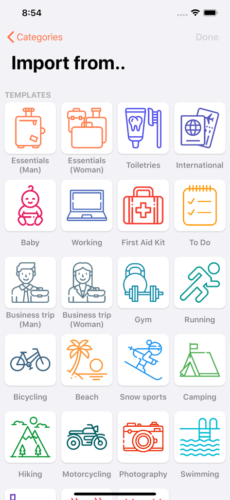 Grid of travel packing templates in the ToPack app including essentials business trip and outdoor activities