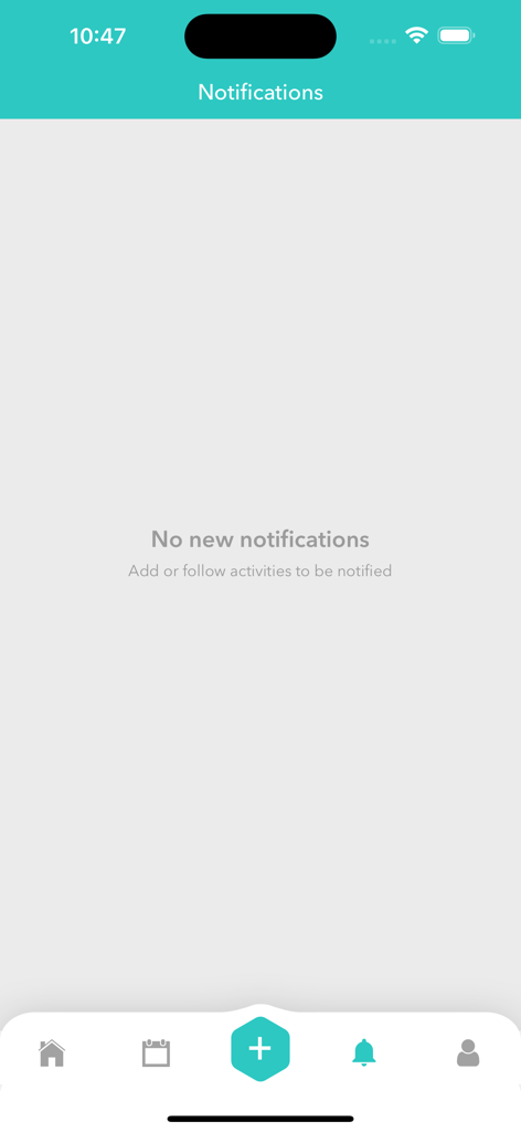 Empty notifications screen in the Feather aerial arts booking app.