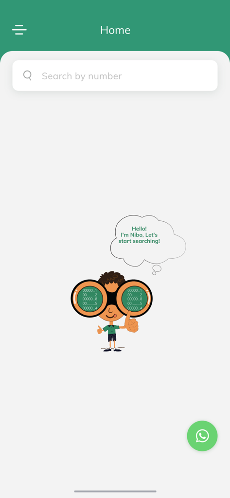 Number Book - Spam & Block - Startbildschirm der Number Book App mit einer Suchleiste nach Nummer und dem Cartoon-Maskottchen Nibo mit Fernglas