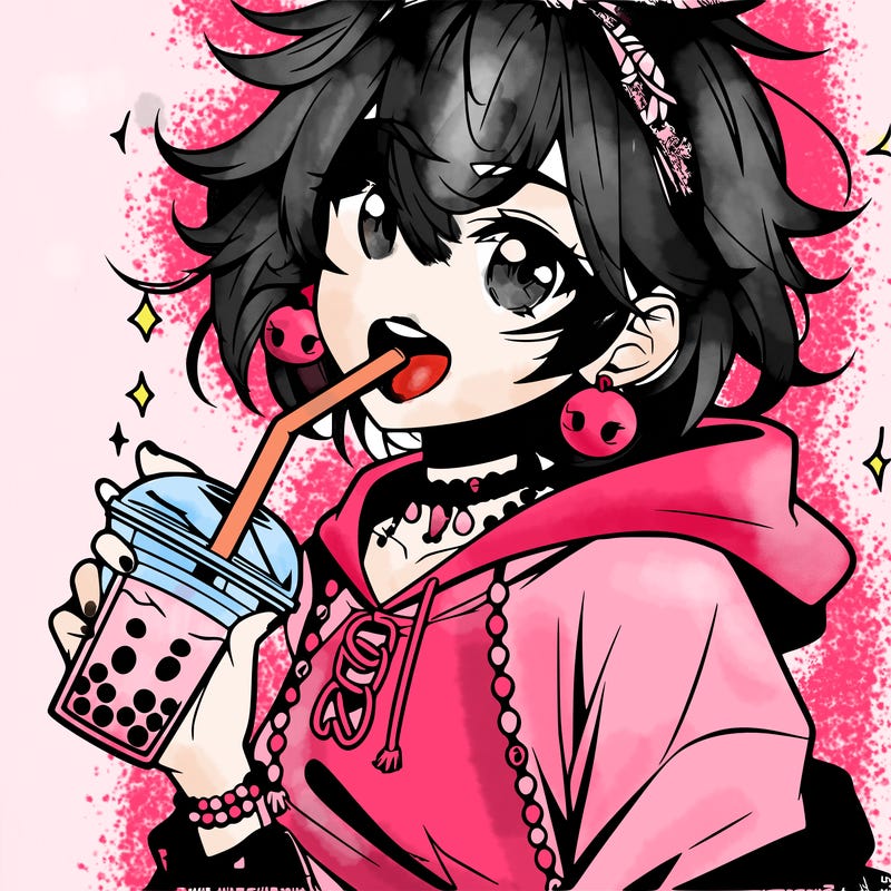 hot baddie anime girl drinking boba and biting the straw