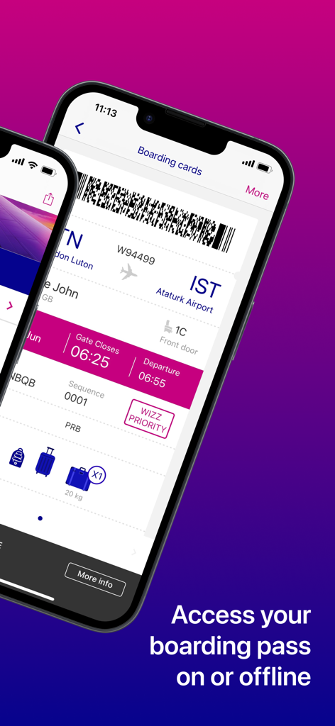 Una pantalla de smartphone mostrando una tarjeta de embarque digital de Wizz Air con detalles del vuelo y un código de barras