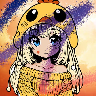 anime girl with chick shaped hat with sweater with bare shoulders with bangs covering them one eye with low tail