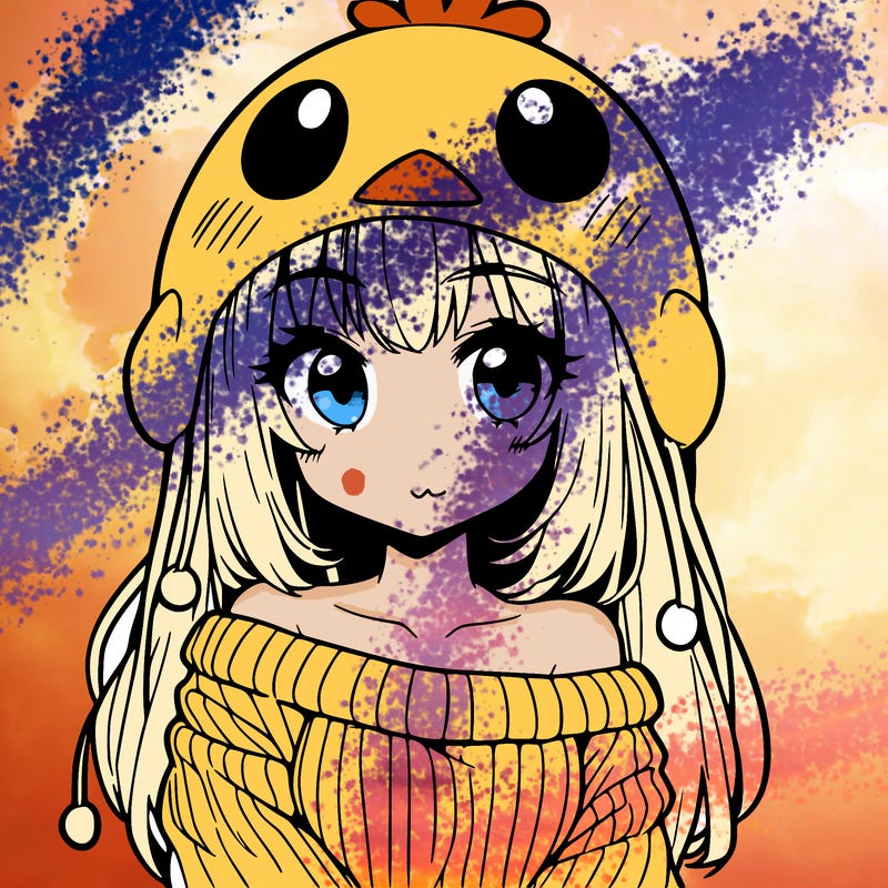 anime girl with chick shaped hat with sweater with bare shoulders with bangs covering them one eye with low tail