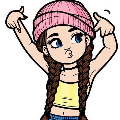realistic teenage girl with braids and a beanie and crop top doing 🫶🏼