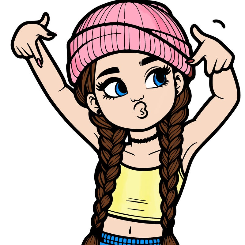 realistic teenage girl with braids and a beanie and crop top doing 🫶🏼