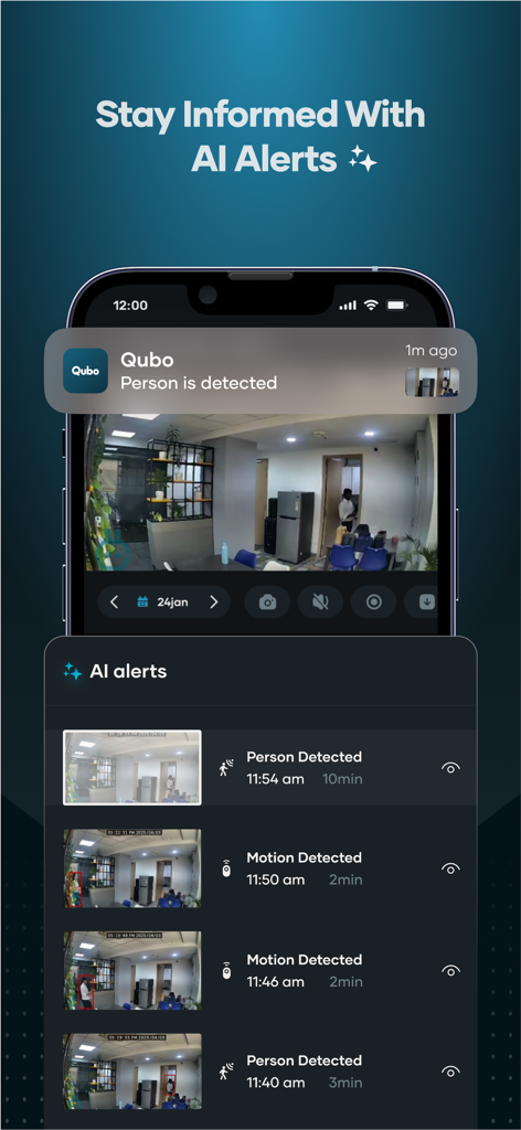 Qubo - Interface do aplicativo Qubo mostrando alertas de IA para detecção de pessoas e movimento.