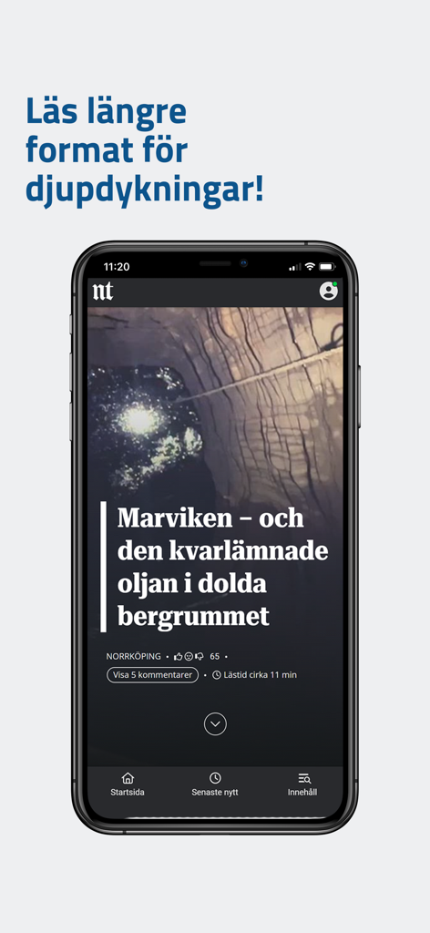 NT - A smartphone showing a long-form news article about Marviken in the NT Norrkoping Tidningar app