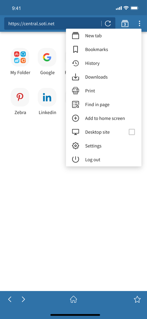 SOTI Surf - SOTI Surf secure browser interface showing a dropdown menu with enterprise features and website shortcuts.