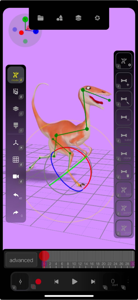 Interfaz de la aplicación Morphin mostrando un modelo de dinosaurio 3D con un esqueleto de rigging para animación móvil.