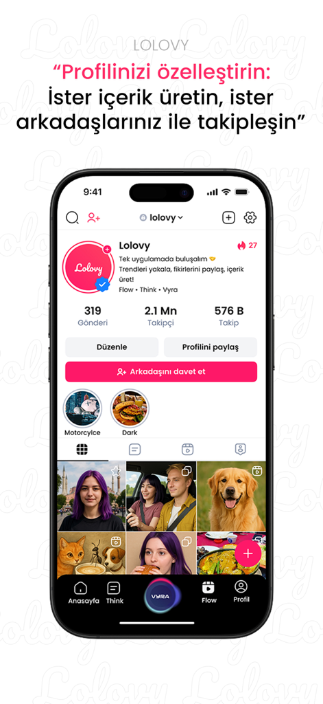 Lolovy - Interface of the Lolovy social media app showing a customizable user profile with a photo grid and social stats