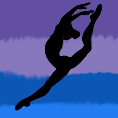 gymnast doing a leap in a leotard with a bent back leg