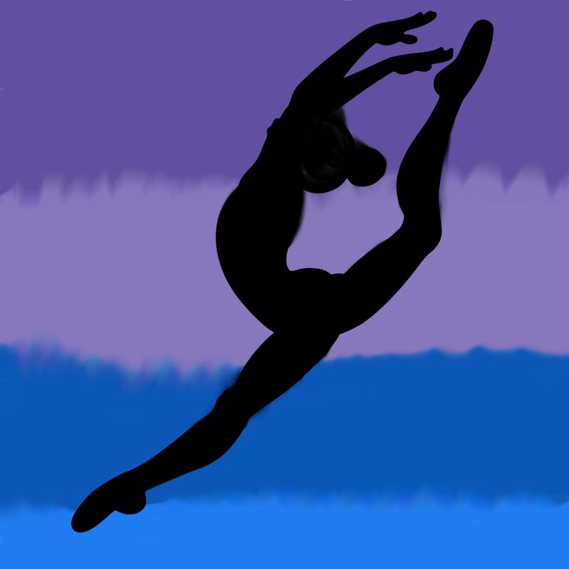 gymnast doing a leap in a leotard with a bent back leg