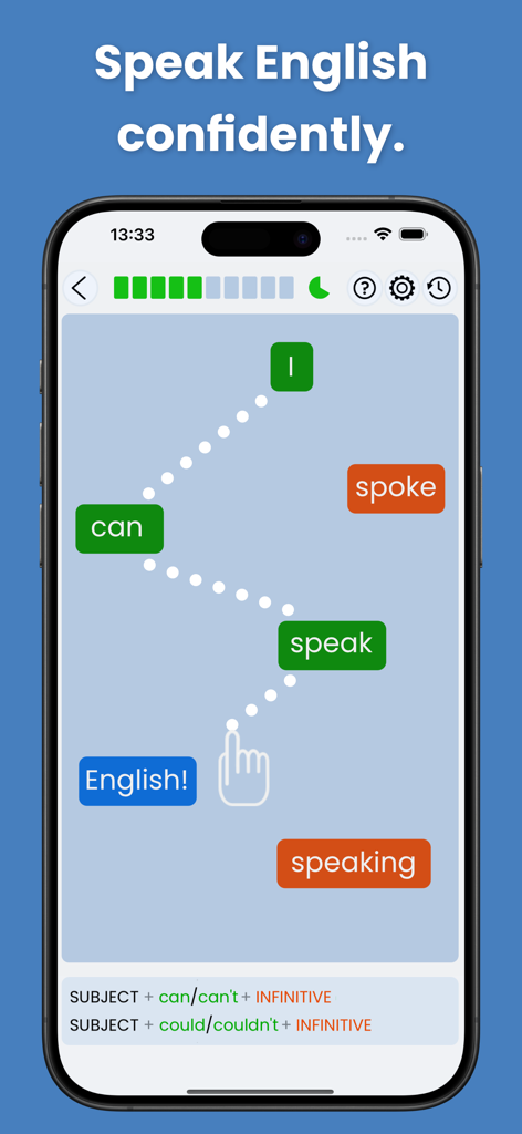 English Grammar Star: Games - Interactive mobile game screen for learning English sentence structure with modal verbs