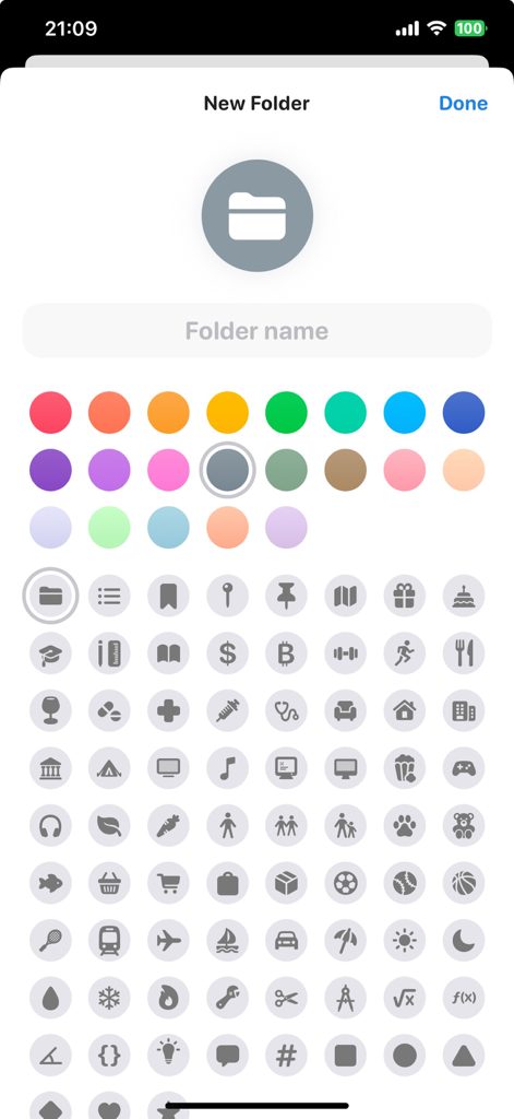 Notedrafts: Note Taking - Interface for creating a new folder in Notedrafts with options for custom colors and icons