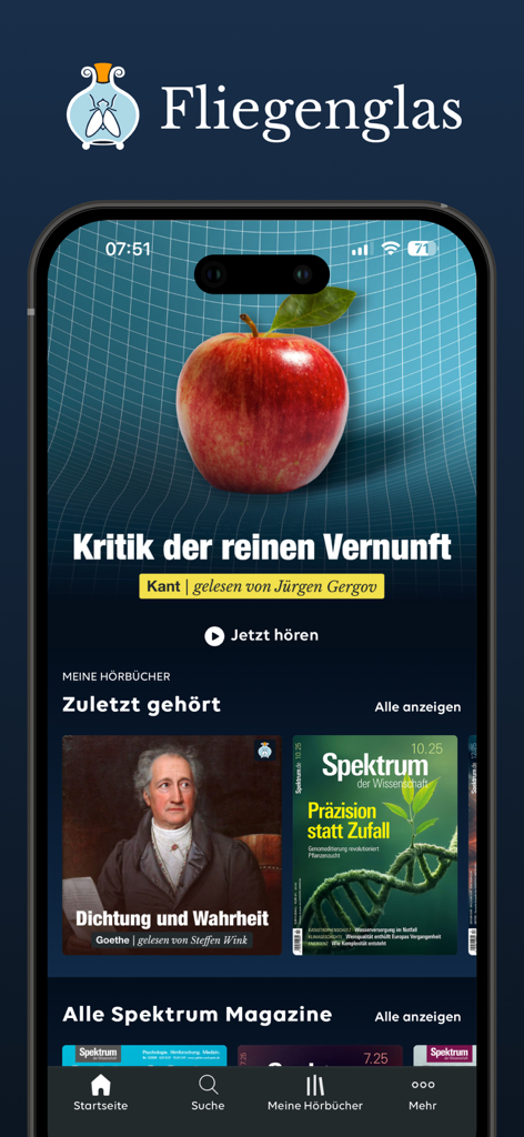 Tela de smartphone mostrando a interface do aplicativo Fliegenglas com audiolivros de filosofia e ciência alemãs como Kant e Spektrum der Wissenschaft