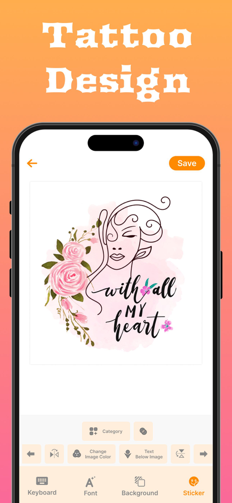 Tattoo Fonts Designer mobile app interface showing a custom design with floral illustrations and script lettering