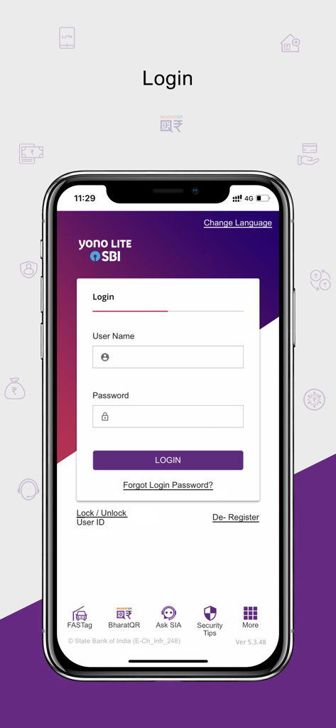 Login screen of the Yono Lite SBI mobile banking app with fields for username and password.