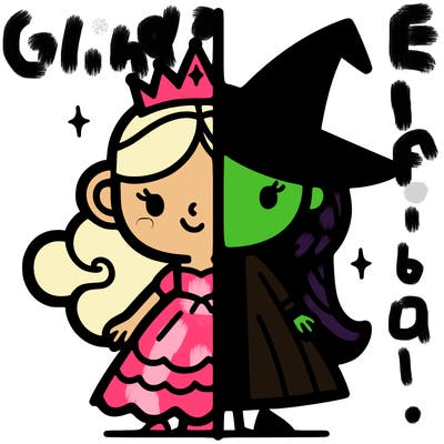 detailed split of a princess and a witch