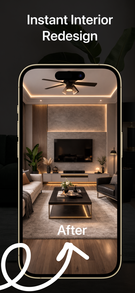 AI Room Design - Decor - KI-generierte moderne Wohnzimmer-Innenraum-Neugestaltung auf einem Smartphone-Bildschirm