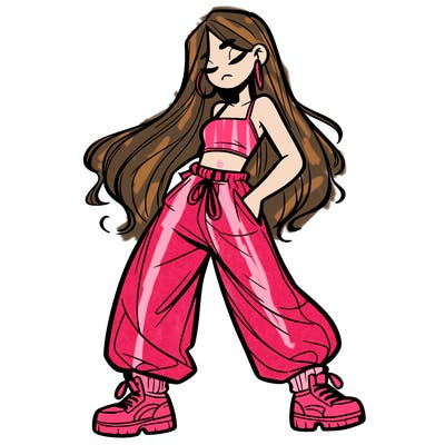 girl in baggy pants crop top and long hair
