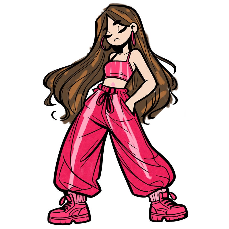 girl in baggy pants crop top and long hair